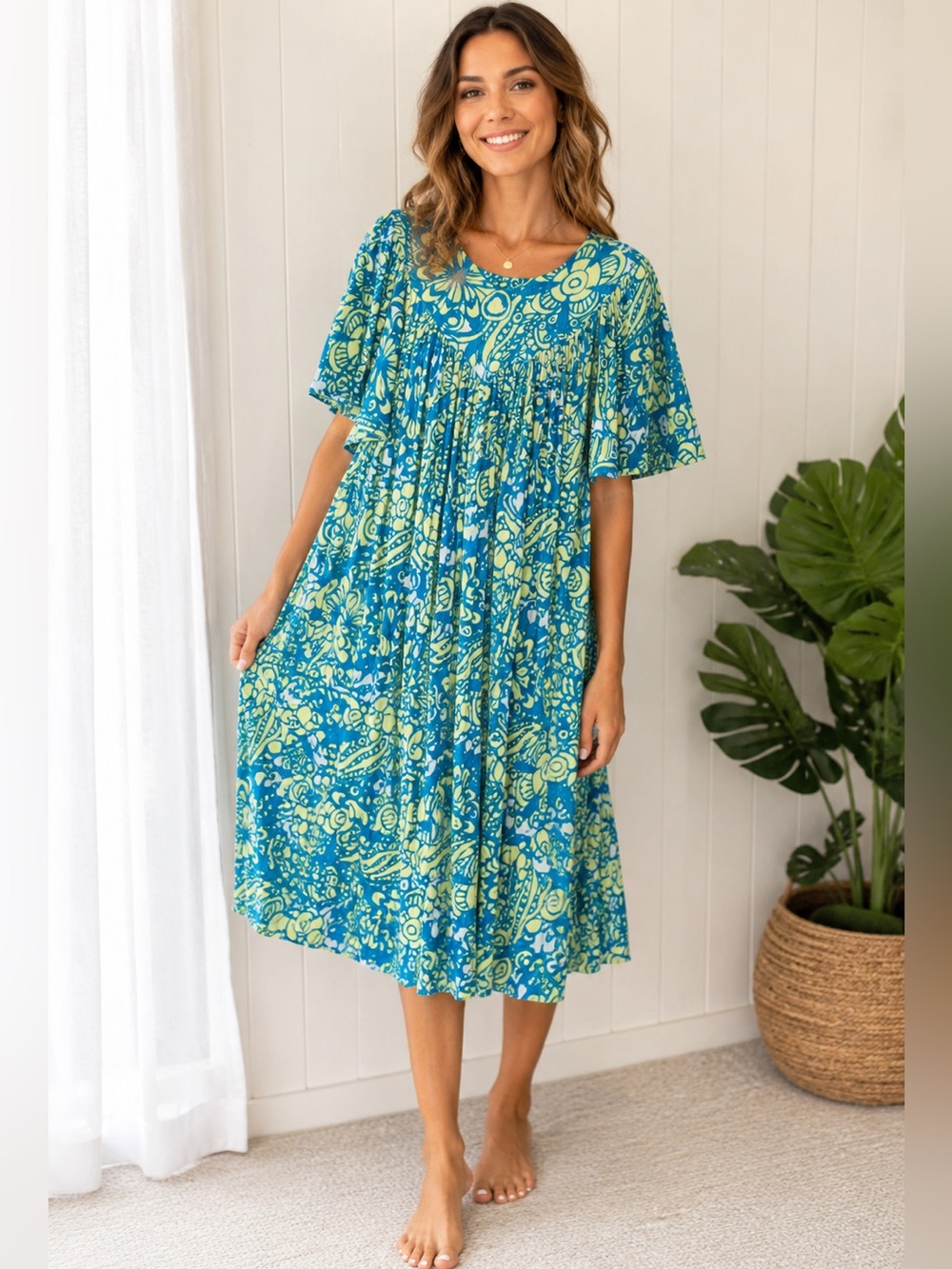 Go Softly Patio Dress Size Small Blue Green Tropical Floral Rayon Boho Midi